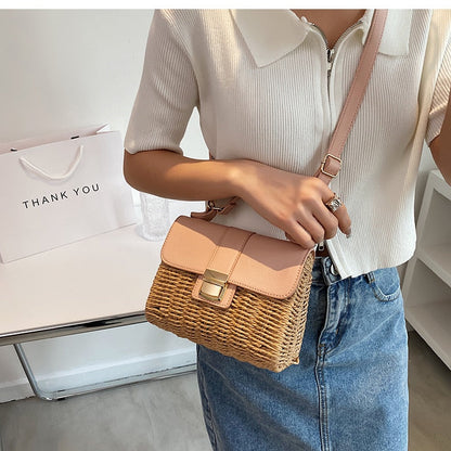 Realaiot Women Square Tote bag Summer New High-quality Straw Women's Designer Handbag Travel Shoulder Messenger Bag Phone Purses