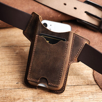 Realaiot 100% Cow Leather Phone Case for iPhone 13 12 Men Crazy Horse Cellphone Loop Holster Case Belt Waist Bag Purse Phone Wallet