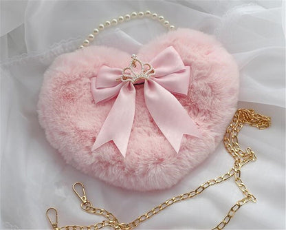 Realaiot Kawaii Heart-shaped Lolita Girl Messenger bag Harajuku Plush Bow JK Uniform Cute Furry Chain Shoulder Bag Handbag