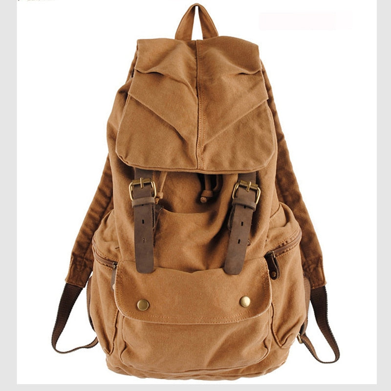 Realaiot Fashion Vintage Leather Military Canvas Backpack Men's Backpack School Bag Drawstring Backpack Women Bagpack Male Rucksack