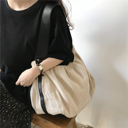 Realaiot Korean Contrast Color Women Handbag Drawstring Canvas Ladies Shoulder Bag Large Capacity Travel Bag Female Big Totes Bolsas