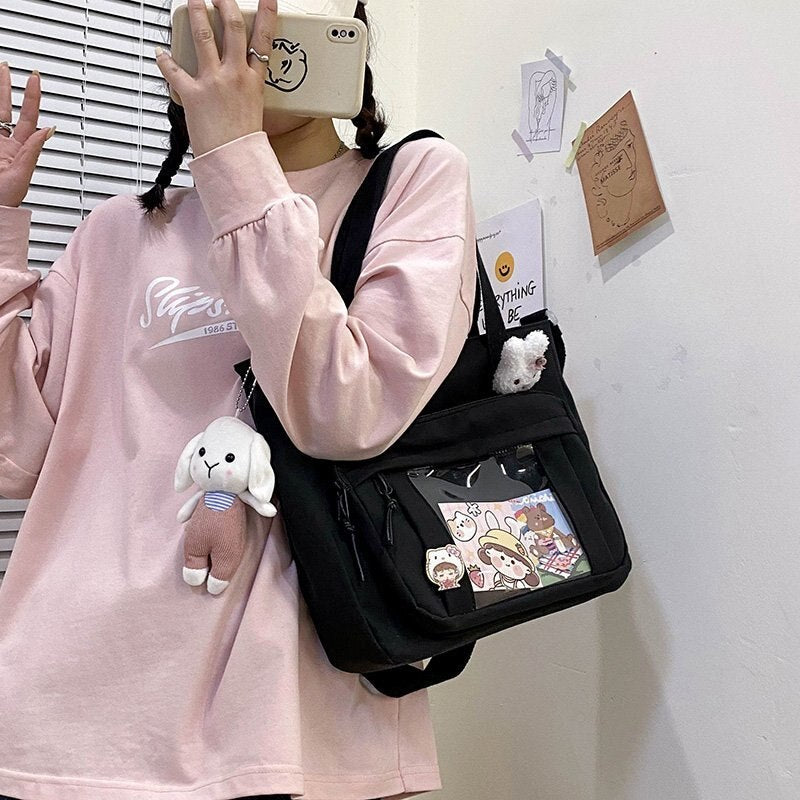 Realaiot Kawaii Women Shoulder Bag Crossbody Shopping Bags Teenage Girls Student Bookbag Handbags New Casual Tote with Transparent Pocket