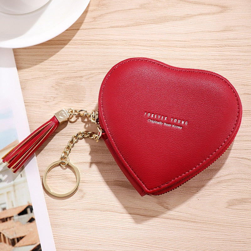 Realaiot Women's Heart Shape Small Coin Wallets PU Leather Zipper Key Ring Tassels Card Holder Mini Purse Cute Portable Female Clutch Bag