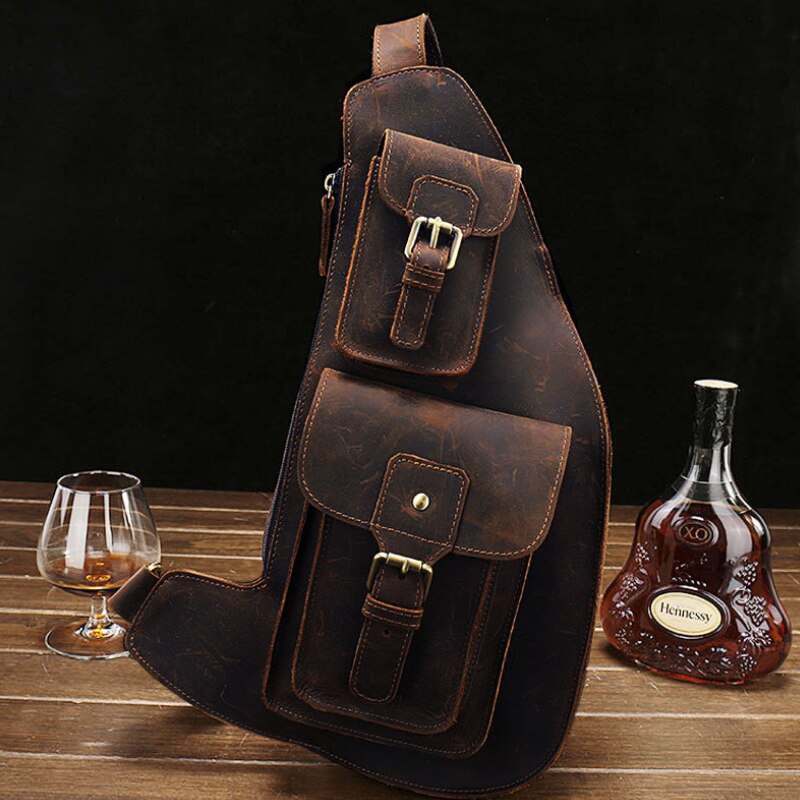 Realaiot Crazy Horse Leather Big Chest Bag Genuine Leather Sling Bag Mans Chest Pack Leather Crossbody Bags For Men Sports Riding