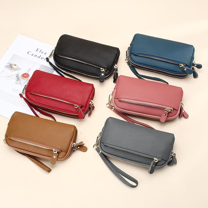 Realaiot Genuine Leather Women Double Zip Wallet New Ladies Clutch Purse Cowhide Wristlet Bag Coin Purse Fashion Mobile Phone Bags