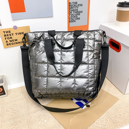 Realaiot Winter Down Bag Quilted Space Cotton Handbags For Women Large Capacity Tote Bags Female Wide Strap Feather Padded Crossbody