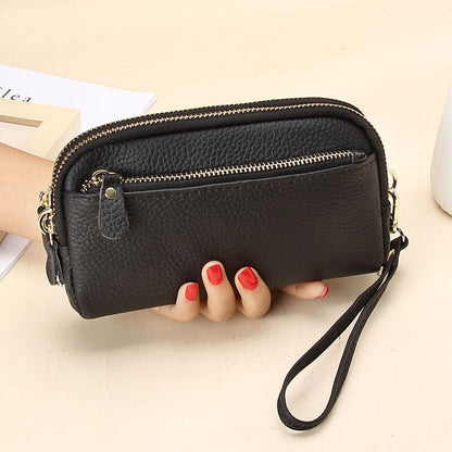 Realaiot Genuine Leather Women Double Zip Wallet New Ladies Clutch Purse Cowhide Wristlet Bag Coin Purse Fashion Mobile Phone Bags