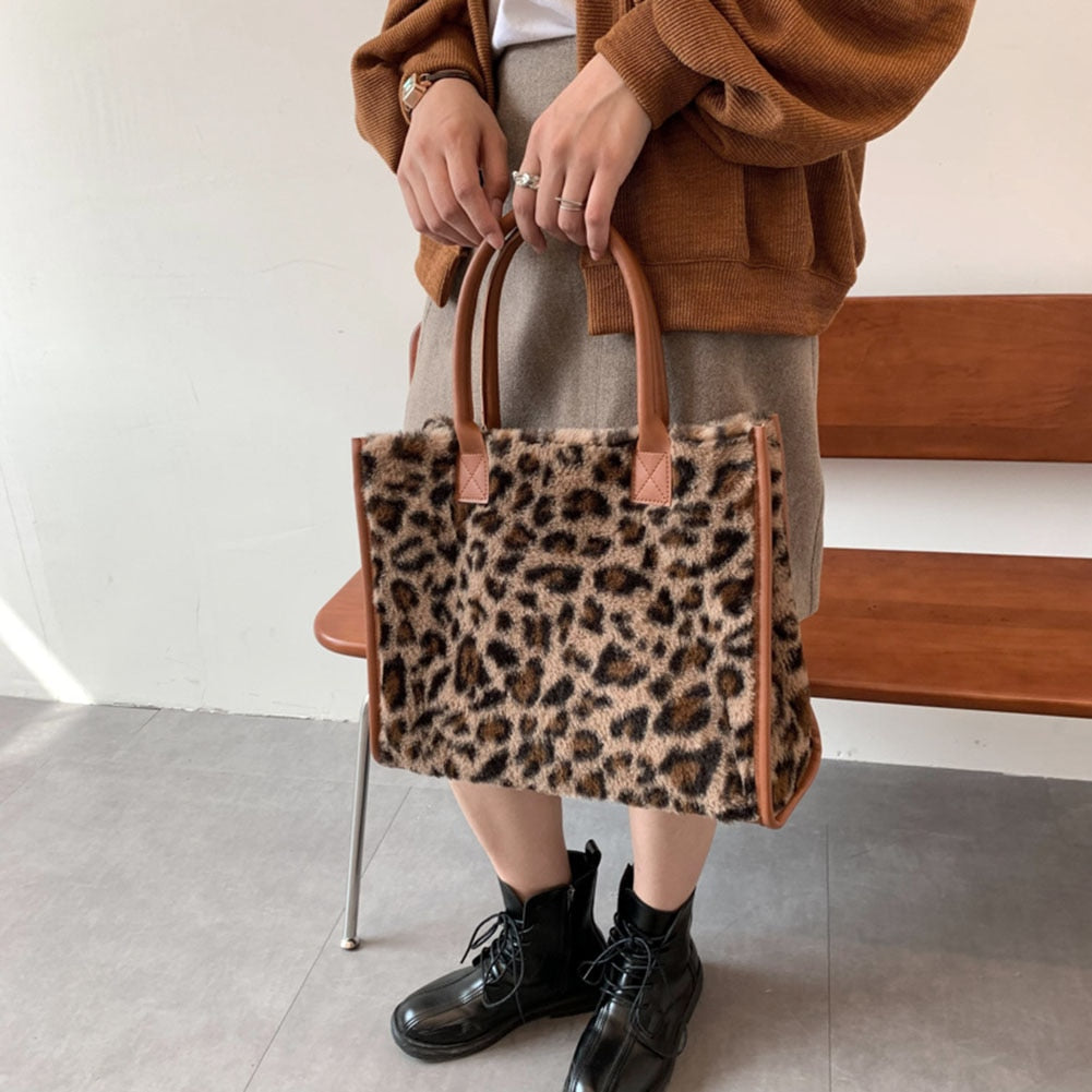 Realaiot Top-Handle Bags Retro Cow Leopard Print PU Leather Plush Design Autumn Winter Fashion Small Women Small Handbags