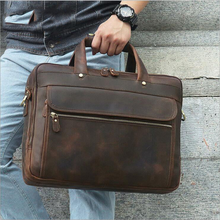 Realaiot Vintage Leather Mens Briefcase With Pockets Cowhide Bag On Business Suitcase Crazy Horse Leather Laptop Bags Design