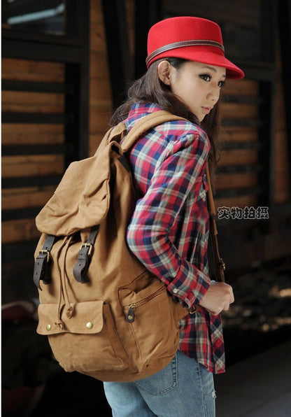 Realaiot Fashion Vintage Leather Military Canvas Backpack Men's Backpack School Bag Drawstring Backpack Women Bagpack Male Rucksack