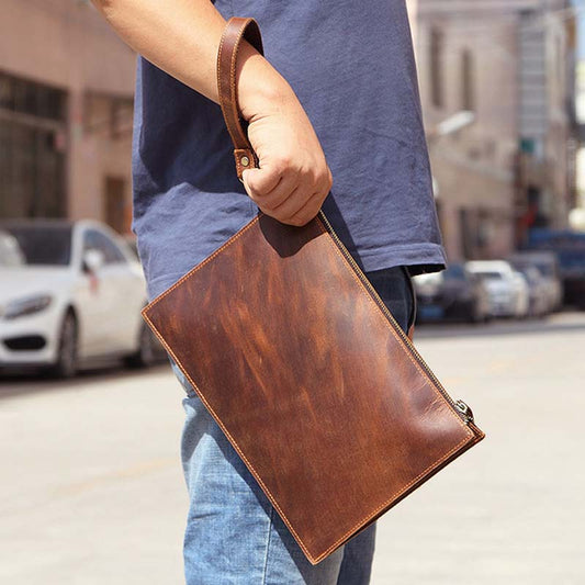 Realaiot Genuine Leather Men's Clutch Bag Big Crazy Horse Leather Business Document Envelope Top Layer Cowhide Clutch Men's Bag