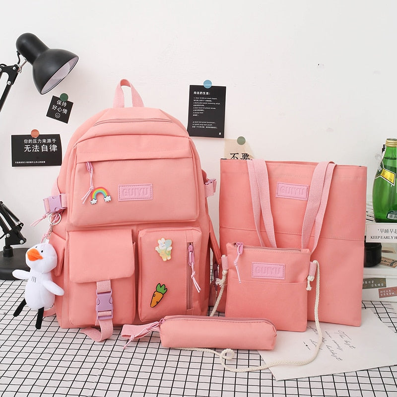 Realaiot 4 in 1 Kawaii Women Backpack Set Canvas Kids backbags Waterproof School Bag For Girls Student children cartoon bookbags