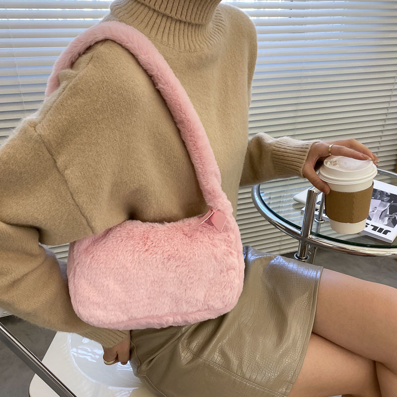 Realaiot Simple Design Women Soft Plush Hobos Shoulder Bags Winter Furry Ladies Clutch Purse Handbag Fashion Female  Underarm Bag