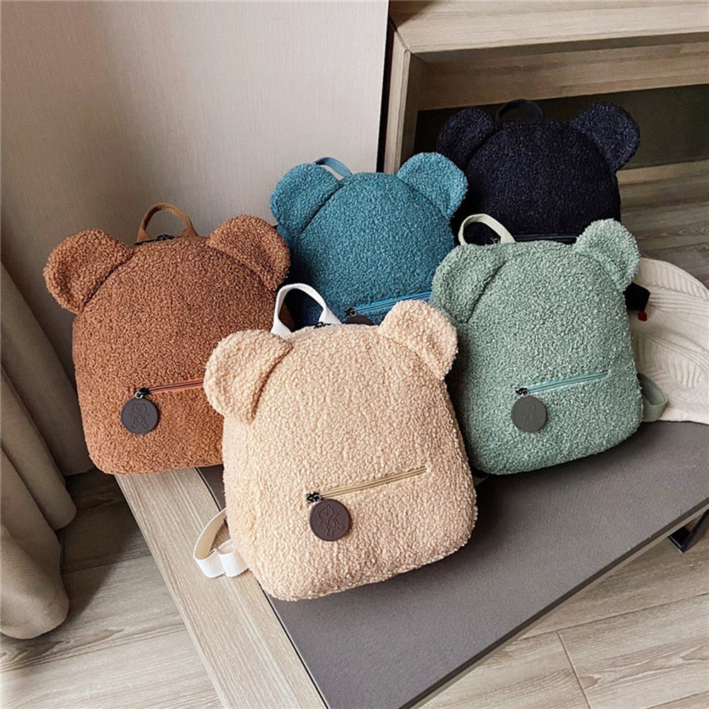 Cyflymder Portable Children Travel Shopping Rucksacks Casual Autumn Winter Lamb Fleece Women's Bagpack Cute Bear Shaped Shoulder Backpack