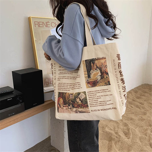 Realaiot 1Pc Women Canvas Shoulder Bag Alice In Wonderland Shopping Bags Students Book Bag Cotton Cloth Handbags Tote For Girls New