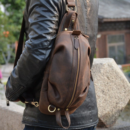 Realaiot Unique Men's Crazy Horse Leather Chest Bag Real Leather Cowhide iPad Mini Male Single Shoulder Back pack Crossbody Bags