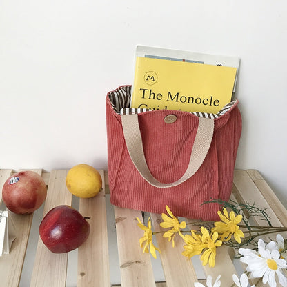 Cyflymder Lunch Bag Corduroy Canvas Lunch Box Picnic Tote Cotton Cloth Small Handbag Pouch Dinner Container Food Storage Bags For Ladies