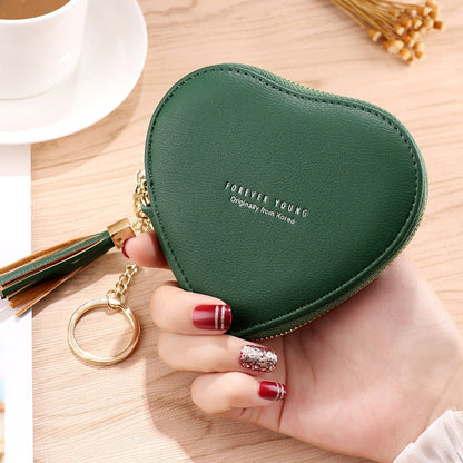 Realaiot Women's Heart Shape Small Coin Wallets PU Leather Zipper Key Ring Tassels Card Holder Mini Purse Cute Portable Female Clutch Bag