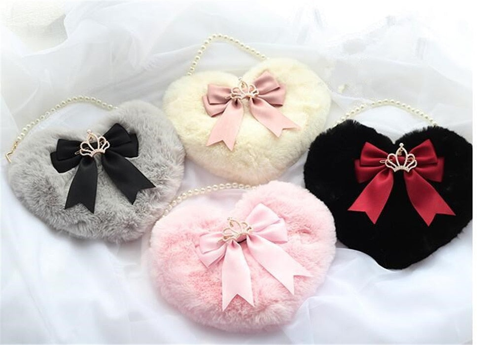 Realaiot Kawaii Heart-shaped Lolita Girl Messenger bag Harajuku Plush Bow JK Uniform Cute Furry Chain Shoulder Bag Handbag