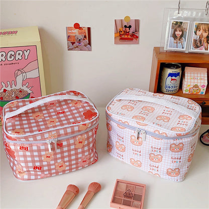 Cyflymder New Women Travel Cosmetic Makeup Bags Case Korean Bear Rabbit Plaid Toiletries Organizer Females Make up Storage Bag Pouch