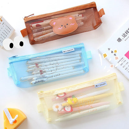 Realaiot Kawaii Transparen Bear Mesh Pencil Bag Pens Pouch Storage Case Brush Holder Big Capacity Kids Birthday Gift School Stationery