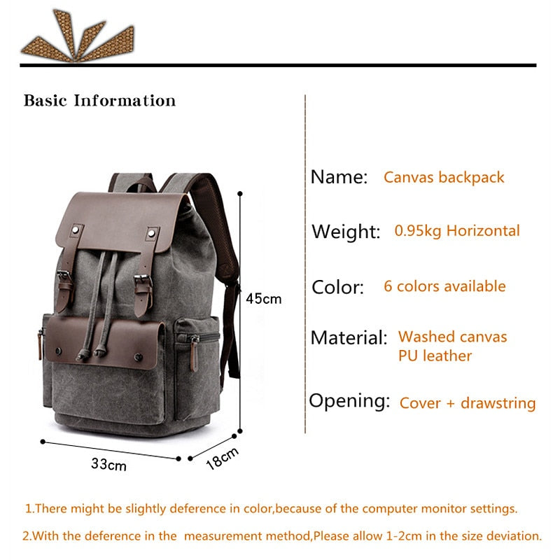 Realaiot Fashion Canvas Backpack Bag Men Large Capacity Suit 17 Inch Laptop Drawstring Leather Cover Travel Rucksack Student Bookbag