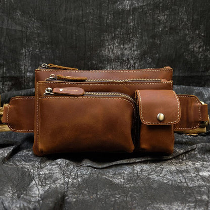 Realaiot Crazy Horse Men Waist Bag Real Leather Chest Bag Outdoor Casual Full Grain Leather Porable Gym Bags Messenger Bag Brown