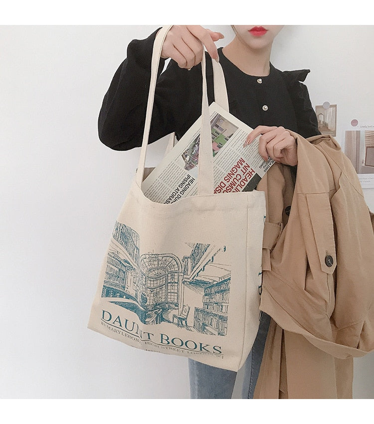 Realaiot Women Canvas Shoulder Bag London Daunt Books Daily Shopping Bags Students Book Bag Cotton Cloth Handbags Large Tote For Girls