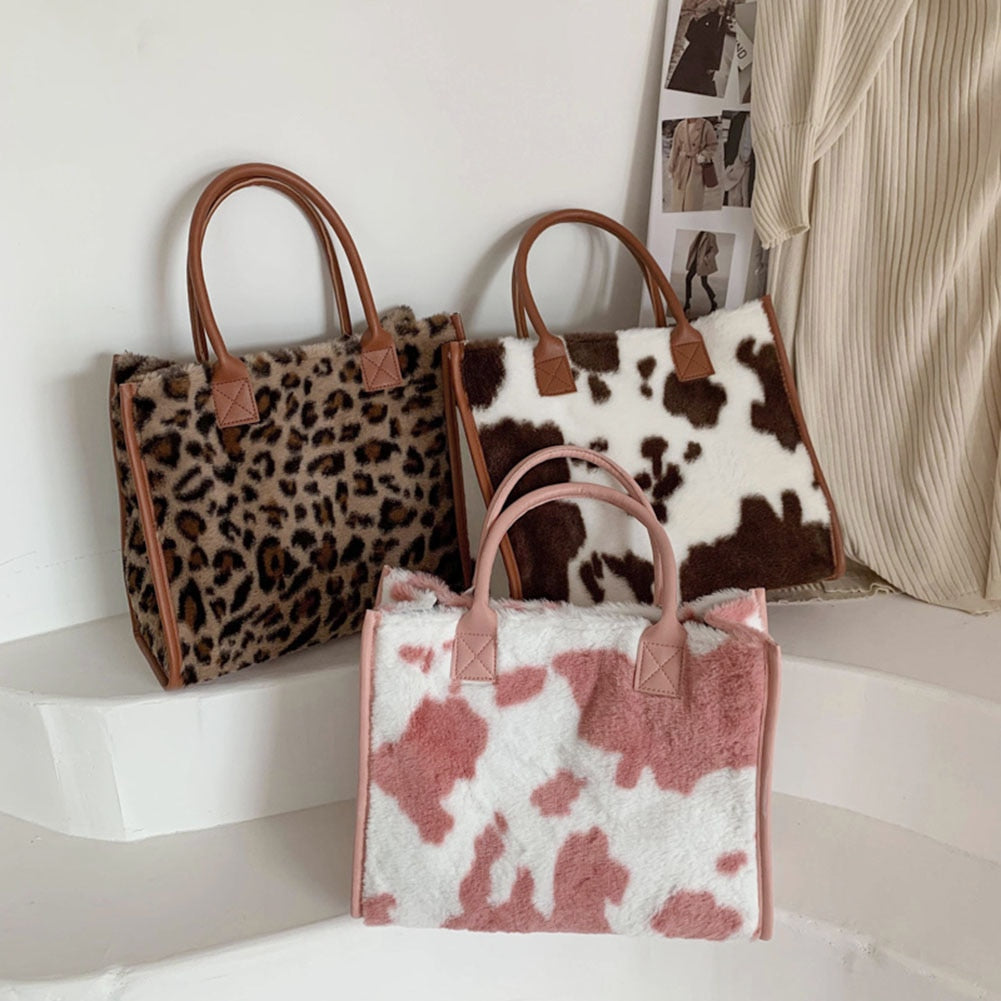 Realaiot Top-Handle Bags Retro Cow Leopard Print PU Leather Plush Design Autumn Winter Fashion Small Women Small Handbags