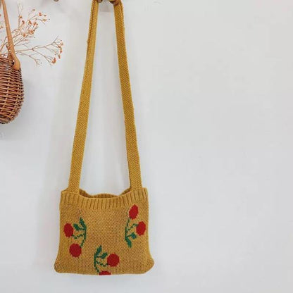 Realaiot Cute Children Knitted Woolen Shoulder Bags Lovely Cherry Plaid Baby Kids Small Purse Handbags Boys Girls Underarm Crossbody Bag