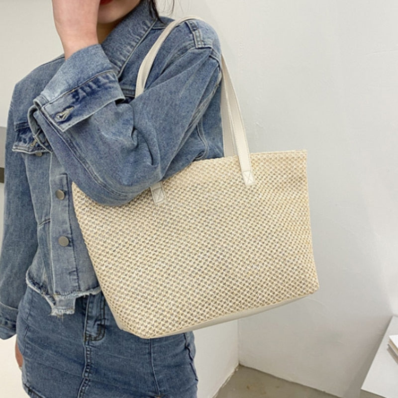 Realaiot Summer Women's Tote Bags Leisure Straw Woven Handbags Beach Travel Bags Women's Handbags Shopping Bags