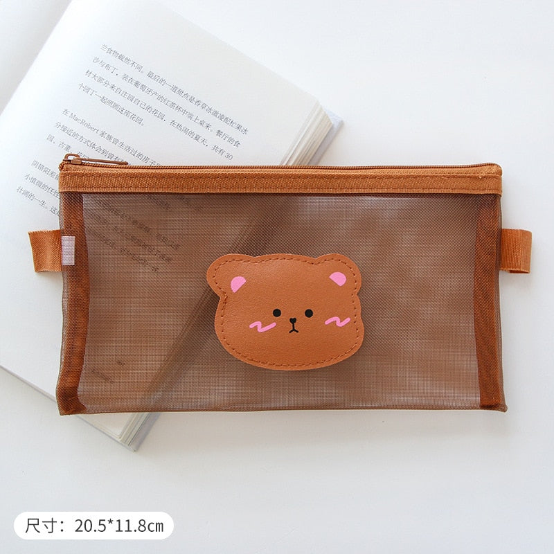 Realaiot Kawaii Transparen Bear Mesh Pencil Bag Pens Pouch Storage Case Brush Holder Big Capacity Kids Birthday Gift School Stationery