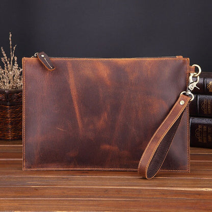 Realaiot Genuine Leather Men's Clutch Bag Big Crazy Horse Leather Business Document Envelope Top Layer Cowhide Clutch Men's Bag