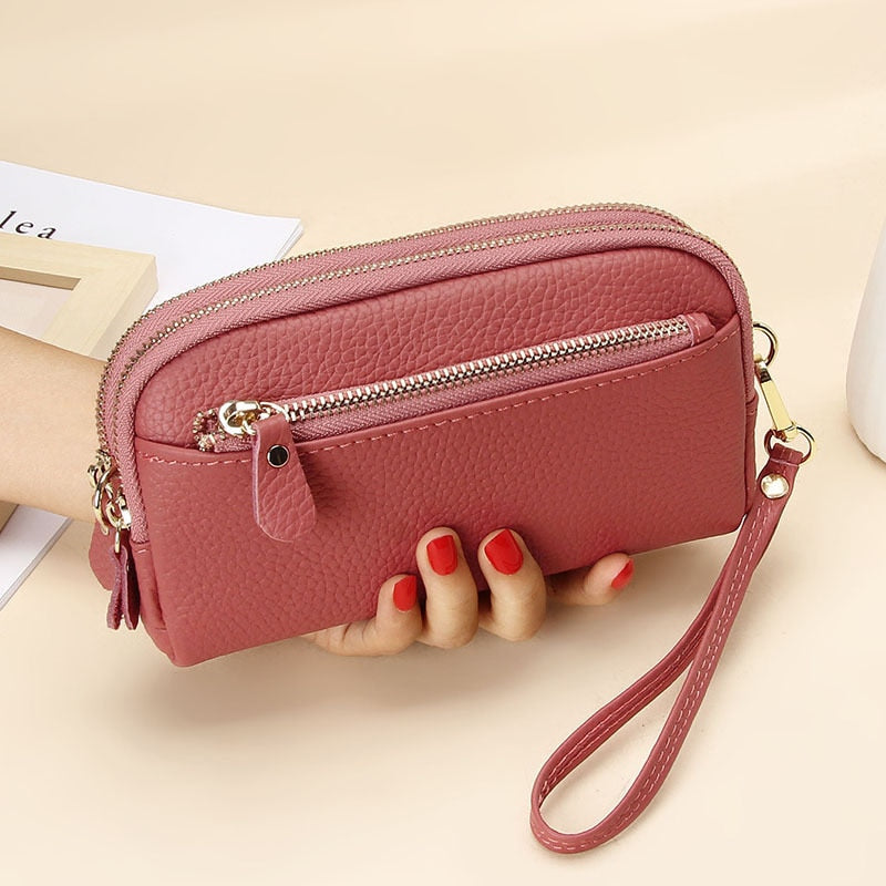 Realaiot Genuine Leather Women Double Zip Wallet New Ladies Clutch Purse Cowhide Wristlet Bag Coin Purse Fashion Mobile Phone Bags