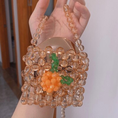 Cyflymder Retro Orange Beaded Bag Clear Crystal Jelly Clutch Bag Girl Beaded Woven Handbag for Woman Handmade Bags Luxury Designer Gifts for Women