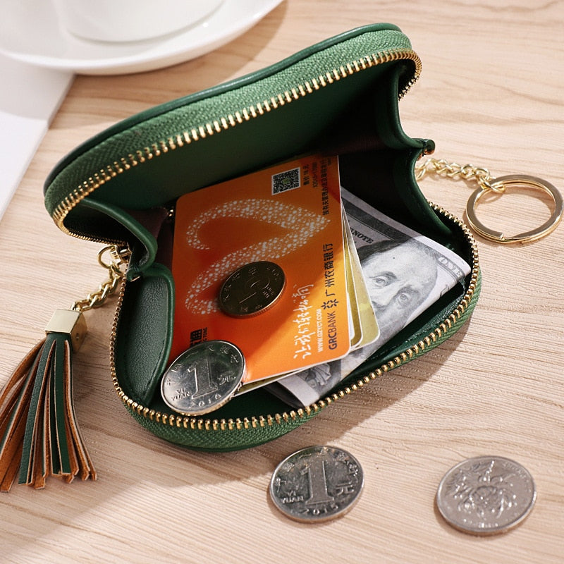 Realaiot Women's Heart Shape Small Coin Wallets PU Leather Zipper Key Ring Tassels Card Holder Mini Purse Cute Portable Female Clutch Bag