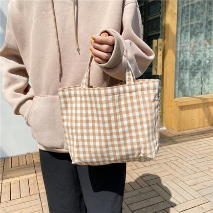 Cyflymder Portable Cotton Women Lunch Bento Bag Vintage Plaid Canvas Ladies Small Handbags Simple Female Cloth Mini Tote Bag Clutch Purse