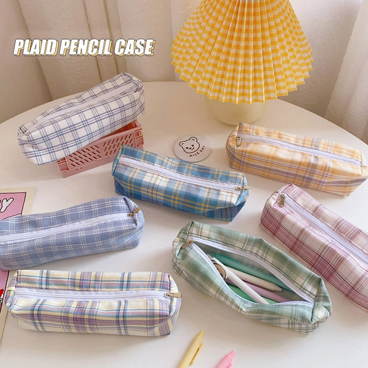 Realaiot Ins Pencil Case Girls Korean Large-capacity Cute Plaid Pencil Case Box School Teenagers Multifunctional Kawaii Stationery Bag