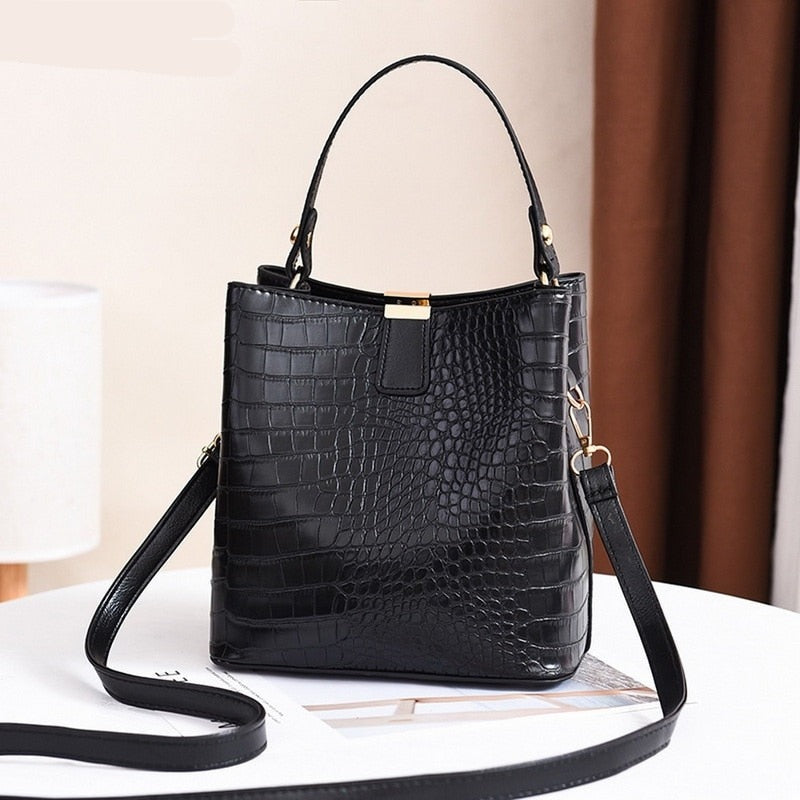 Realaiot Large Capacity Casual Shoulder Messenger Bags Ladies PU Purse Retro Alligator Bucket Women Bags Crocodile Pattern Ladies Handbag