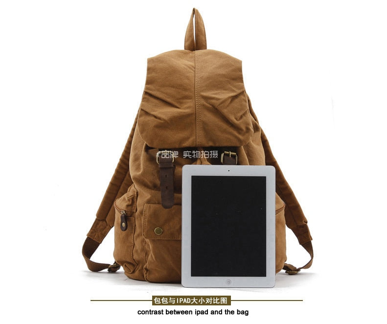 Realaiot Fashion Vintage Leather Military Canvas Backpack Men's Backpack School Bag Drawstring Backpack Women Bagpack Male Rucksack