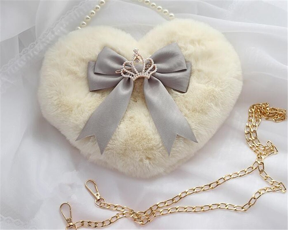 Realaiot Kawaii Heart-shaped Lolita Girl Messenger bag Harajuku Plush Bow JK Uniform Cute Furry Chain Shoulder Bag Handbag