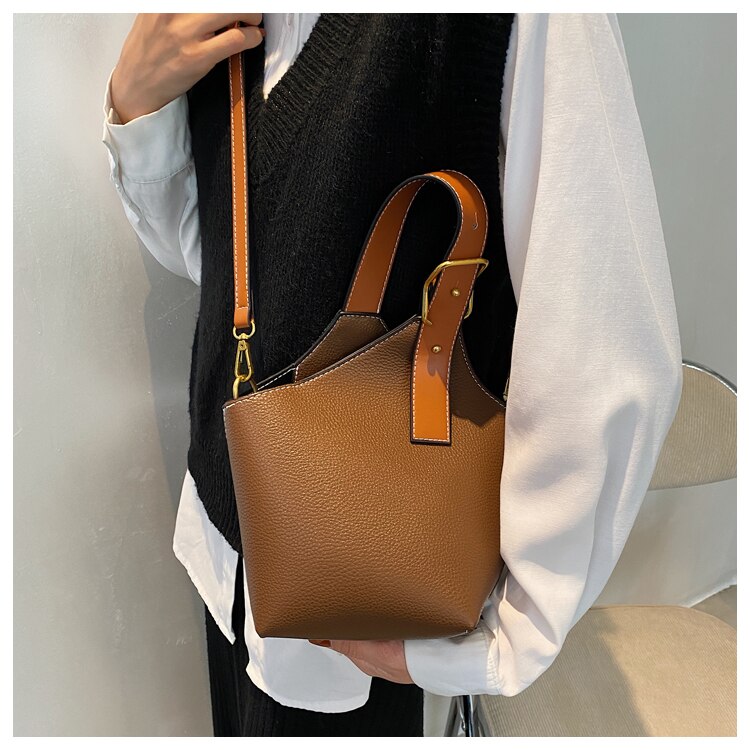 Realaiot Contrast color Tote Bucket bag Fashion New High-quality PU Leather Women's Designer Handbag Travel Shoulder Messenger Bag