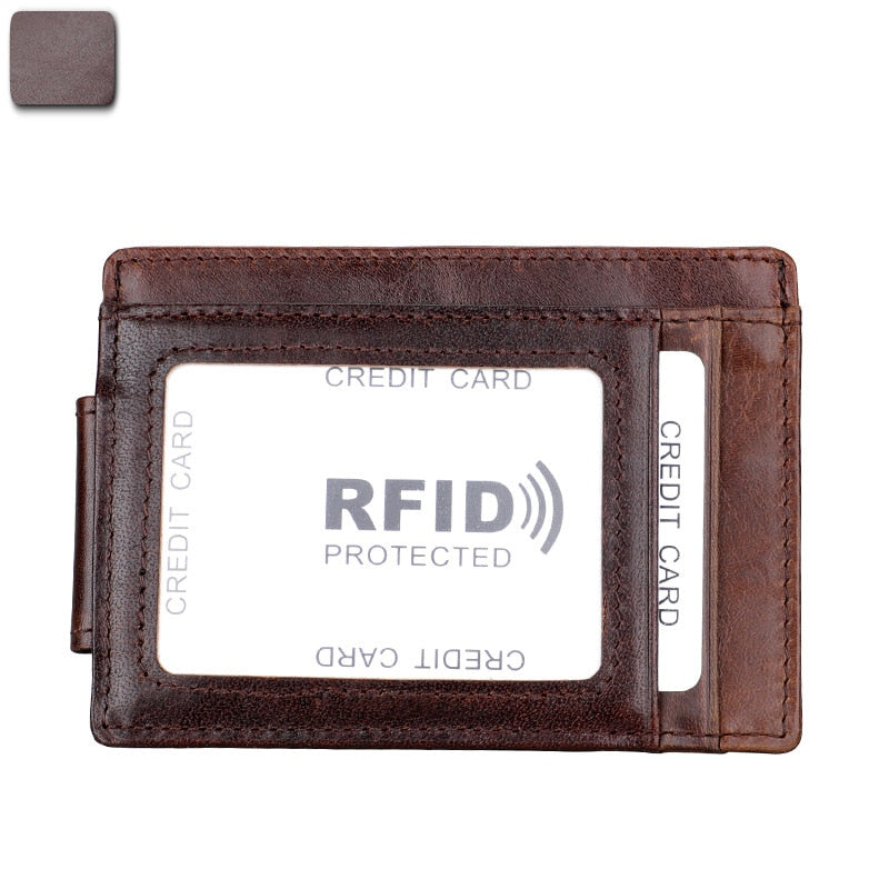 Realaiot Fashion Vintage Genuine Leather Men Front Pocket Magnetic Money Clips ID Credit Card Holder Wallet