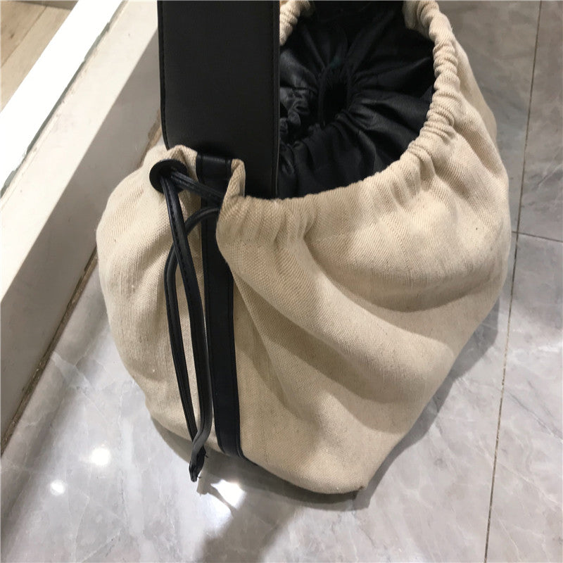 Realaiot Korean Contrast Color Women Handbag Drawstring Canvas Ladies Shoulder Bag Large Capacity Travel Bag Female Big Totes Bolsas