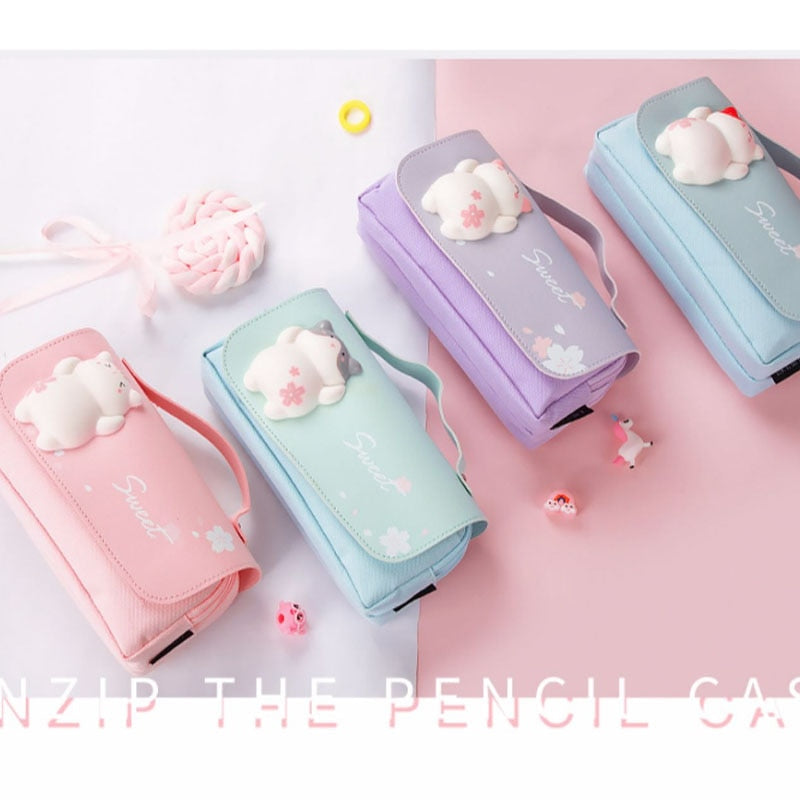 Realaiot Cute Cat Decompression Pencil Case Big Pencil Box Portable Girls Pen Bag Double Layer School Pouch Kawaii Stationery Pensil Case