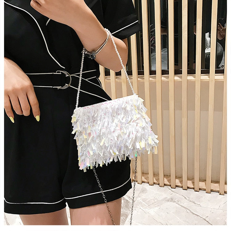 Realaiot Fashion Design Luxury Silver Sequin Rhinestone Tassel Women Small Shoulder Bags Chain Elegant Ladies Party Evening Clutch Purse