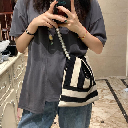 Cyflymder Pearl Striped Canvas Handbag Women Cute Shoulder Bag Mini Student Diagonal Bag Beaded Chain Horizontal Square Type Underarm Bags