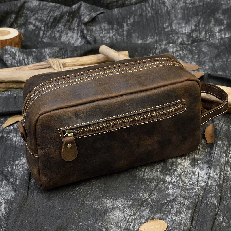 Realaiot Vintage Leather Storage Bag Clutch Bags Men Wash Bag Toiletry kits Crazy Horse Leather Men Clutches