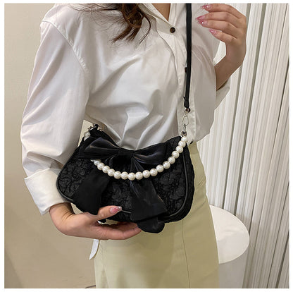 Realaiot Fashion Pearl Chains Design Female Shoulder Messenger Bag Sweet Bow Ladies Crossbody Bags Flower Pattern Women Square Handbags