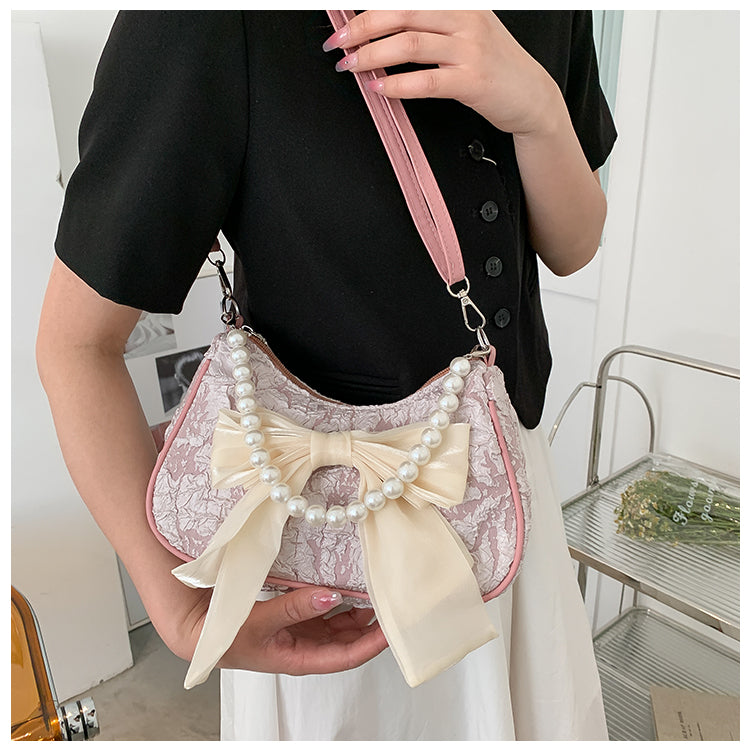 Realaiot Fashion Pearl Chains Design Female Shoulder Messenger Bag Sweet Bow Ladies Crossbody Bags Flower Pattern Women Square Handbags